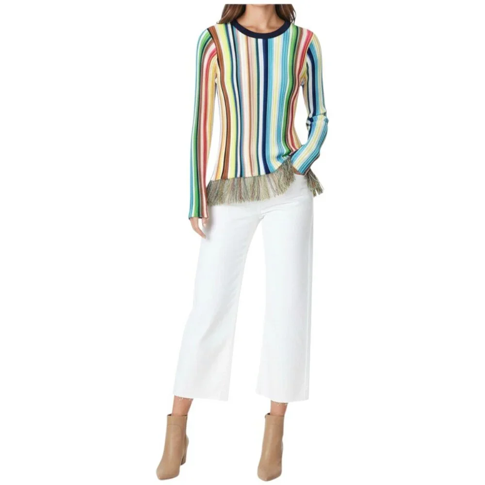 Milly Rainbow Striped Fringe Hem Ribbed Knit Sweater Size S - Picture 9 of 9